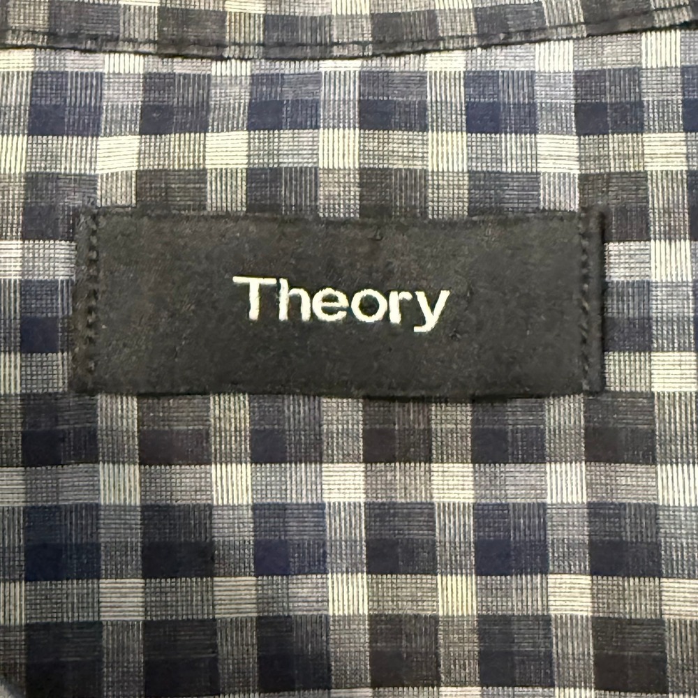 Theory Benner Trimont Men's XL Gingham Button Down Shirt Blue Grey Cotton Plaid - Picture 6 of 16